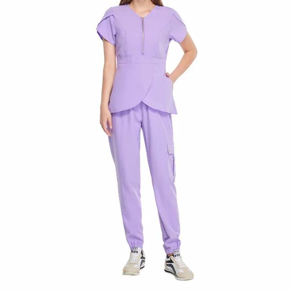 Custom Logo Fashion Srubs Medical Scrubs Uniform Suit V Neck Solid Nursing Set Tops Women's Medical Nurse Uniform Scrub Suit