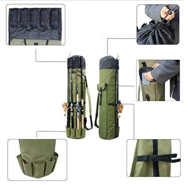 Durable Canvas Fishing Rod & Reel Organizer Bag Travel Carry Case Bag- Holds 5 Poles & Tackle