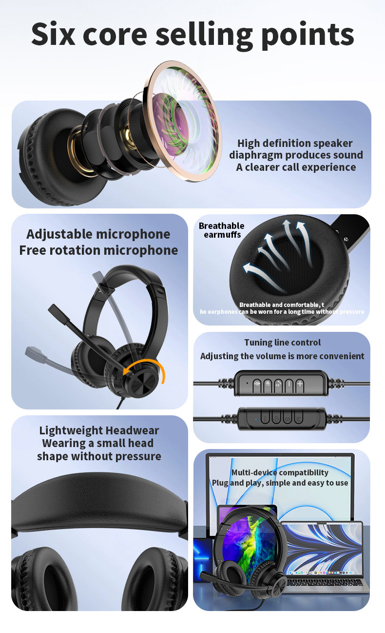 JTY-1036 Wired Call Center Headset with Adjustable Microphone, USB Type‑C 3.5mm Multi‑Interface Over‑Ear Headphone, Volume & Mute Control for Office Customer Service Online Class