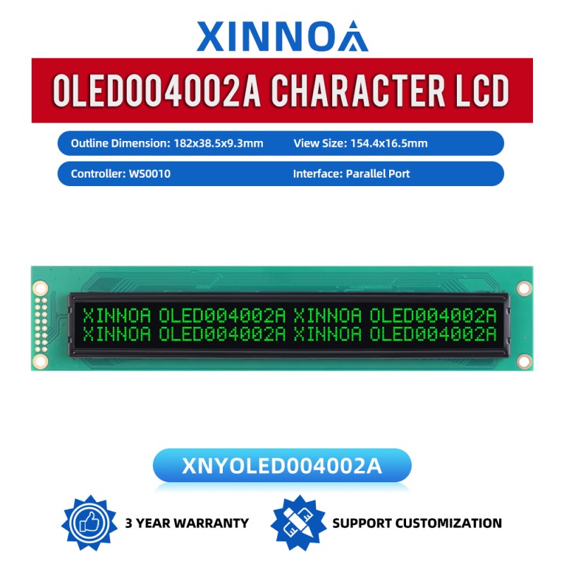 OLED004002A Black Film, 40x2 Character OLED LCD Display, WS0010 Controller, Parallel Port,154.4x16.5mm View Size,Working Temperature -40+80 Display