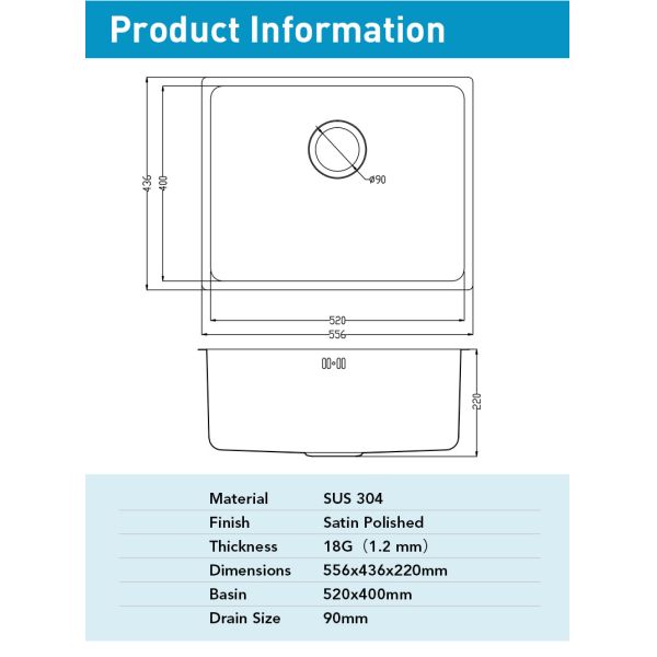 Undermount Stainless Steel 304 Kitchen Sink Single Bowl With Drainer And Sewer Pipe
