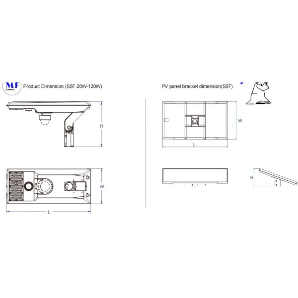 20W-120W IP66 Стенный монтаж Быстрая установка светодиодный солнечный уличный свет для площадей Пешеходы Боковые пешеходы