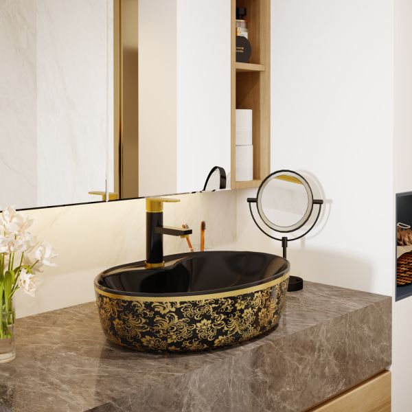 Luxury Oval Freestanding Vanity Basin Black Gold Color With Faucet