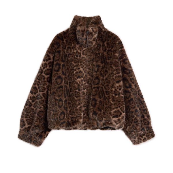 Stand Up Collar Loose Sleeve Windproof Faux Leopard Print Fur Jacket