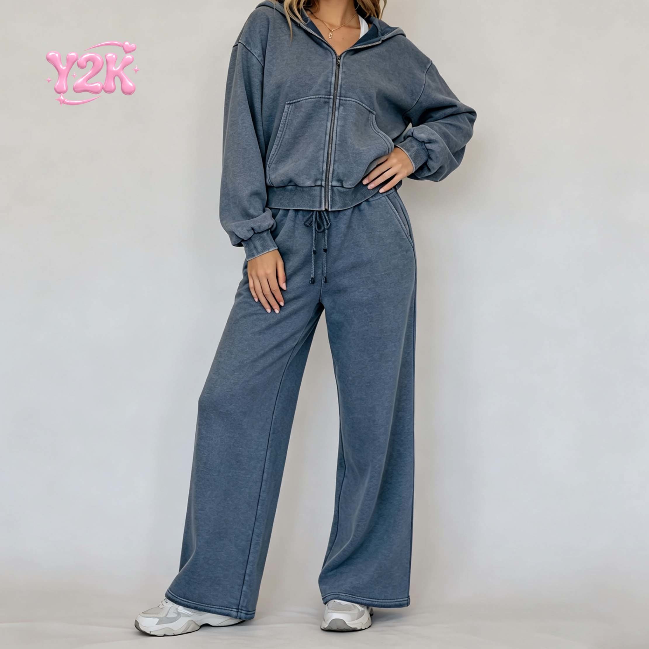 Custom Women's Acid Wash Zip Hoodie Wide Leg Pants Tracksuit