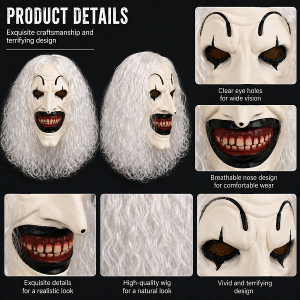 Sinister Gothic Horror Clown Latex Mask with Shaggy White Wig and Pointy Nose for Halloweeen Parties, Horror Enthusiasts