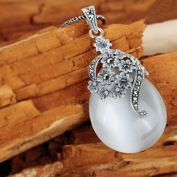 Thai 925 Silver Pendant Necklace White Opal and Marcasite (JX467WHITE)