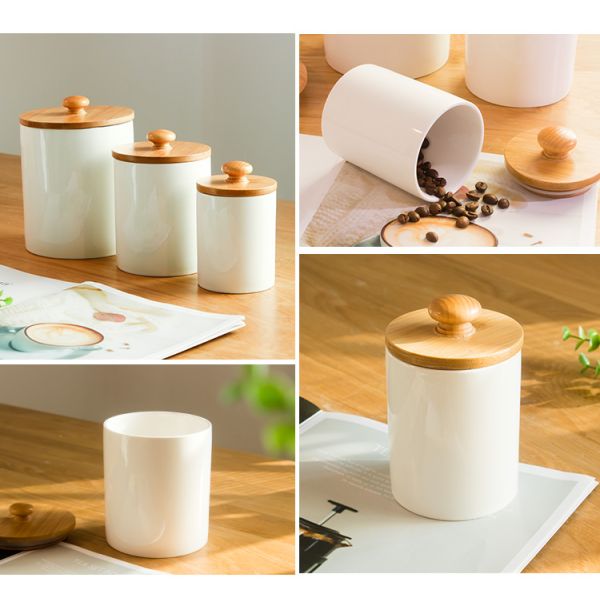 White Ceramic Storage Jar 330 750 1440ml With Wooden Cover