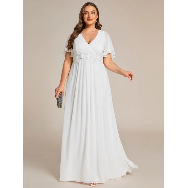Empire Plus Size Applique Short Sleeve A-line V-neck Flutter Sleeves Invisible Zipper Navy Blue Chiffon Evening Dress