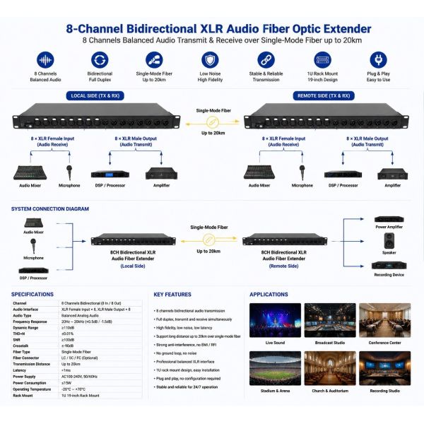 HiFi Audio Fiber Extender 8 Channel Bidirectional XLR Audio Fiber Optic Extender