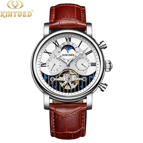 KINYUED moon phase skeleton watch tourbillon mens automatic mechanical watch luxury