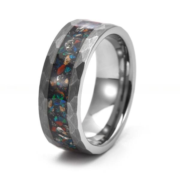 Bague en carbure de tungstène incrustée de météorite d'os de dinosaure évaluée par un tiers, 8 mm, argent martelé, bague de mariage de mode pour hommes