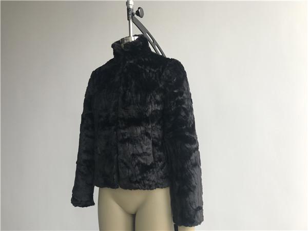 Womens Black Textured Faux Fur Chubby Coat With Funnel Collar High Fashion TW75507