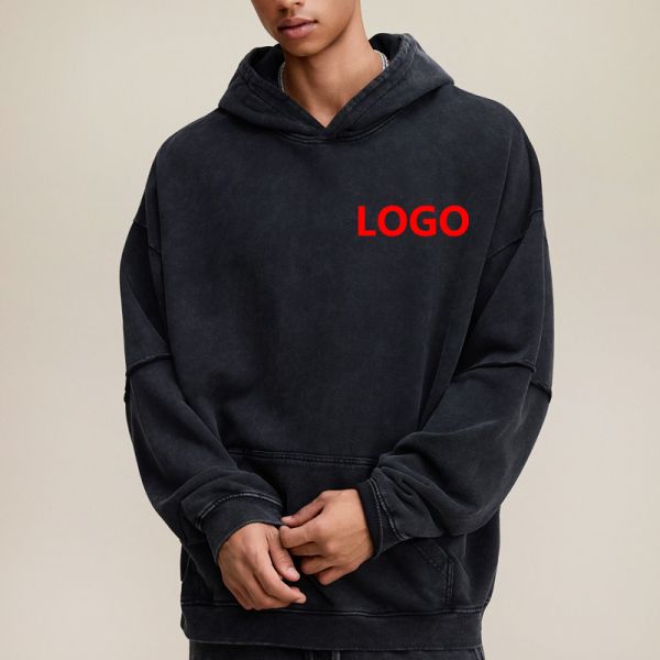 2025 Unisex Winter Pullover Hoodie 100% Cotton 370gsm Oversized Solid Acid Washed Comfort Fit