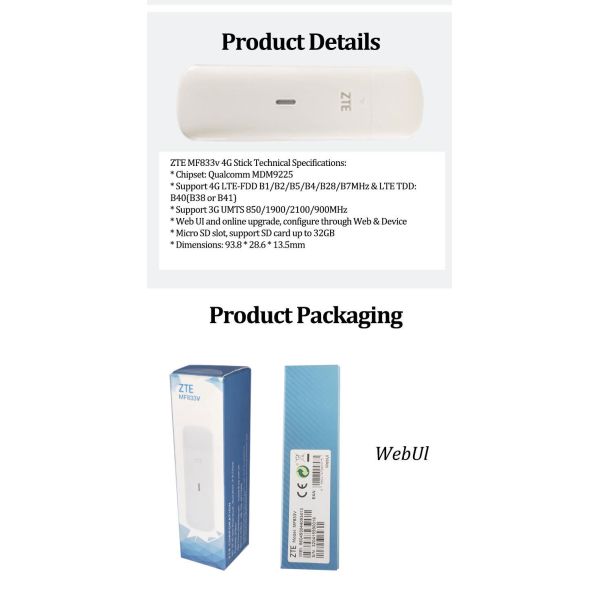 Разблокированный Z-Te Mf833V LTE 4G USB Dongle 150Mbps Скачать/50Mbps Загрузить 1 штук Min.Order