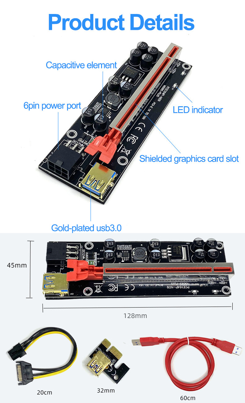 Золото покрыло PCI срочное 1X карты 009s рослости Ver009S PCIE к 16X кабелю USB 3,0 силы 60CM наполнителя 6Pin для видеокарты