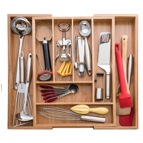 No Plastic Bamboo Kitchen Supplies Utensil Flatware Organizer For Narrow Drawers