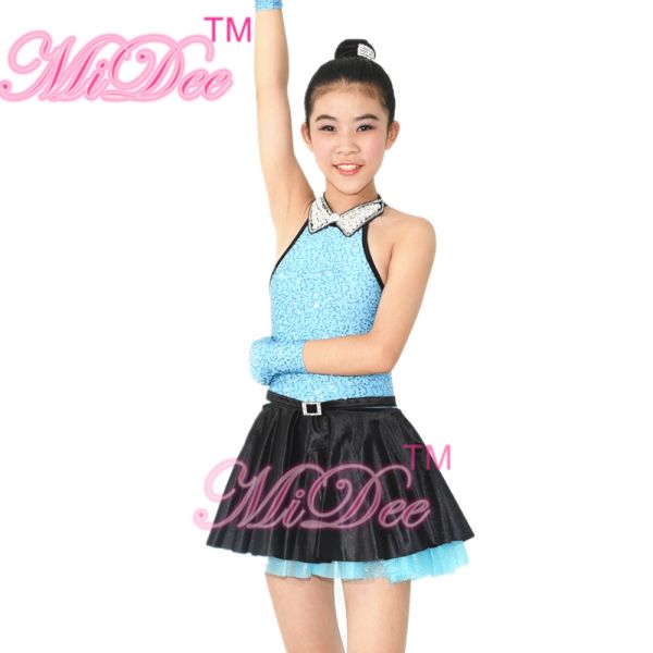 Fancy Girls Jazz Dance Dress Spandex Fabric Bodice With Rhinestones Chocker Collar