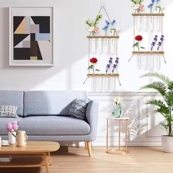 hot-selling Wall Hanging Planter  2 Tiered Plant Propagation Station  With Wooden Stand & Glass Planter home decor