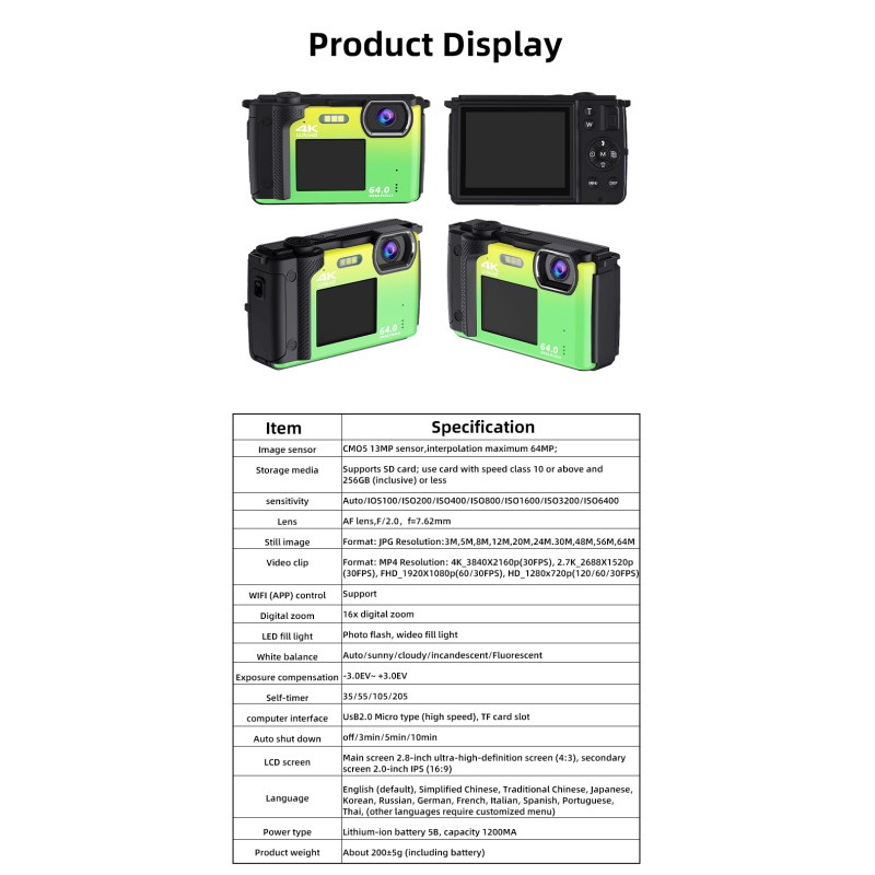 Newest 4K HD Digital Camera 2.8+2.0'' Dual IPS Screen Auto Focus 16X Digital Zoom Webcam Wifi Vlog Camera  for Photography