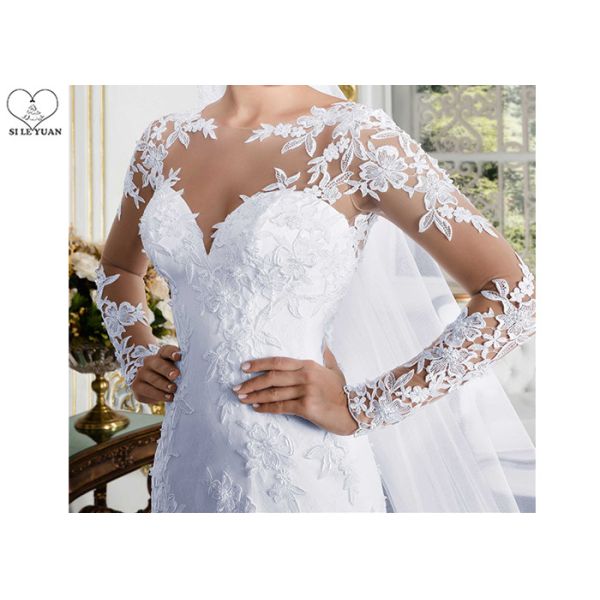 Pure White Mermaid Lace Bridal Gowns Long Sleeve Perspective Back Grace Tulle