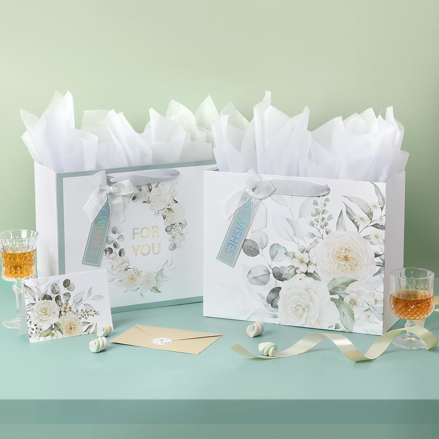 Floral Gift Bag Set With Ribbon Handles And Greeting Card For Luxury Retail Packaging