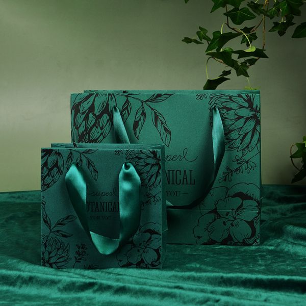 Hand Drawn Botanical Gift Bags Eco Friendly Wedding Favor Packaging Satin Ribbon Handles Plant Patterned Party Favor Bags