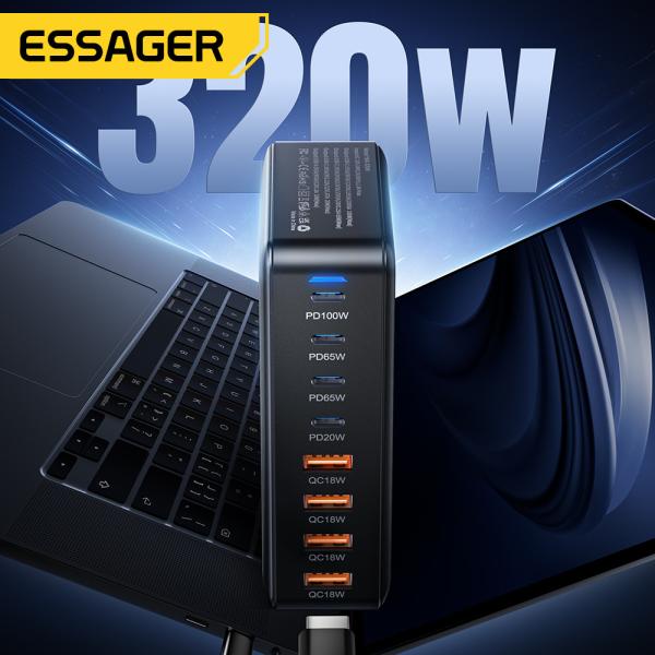 ESSAGER YMX-320W Series PD 20W 65W 100W QC 18W 8 Ports USB-C USB-A GaN Charger with Overvoltage Protection