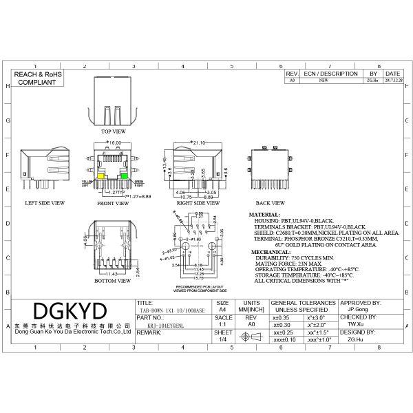 RJ45 crystal head connector female socket with light and shielding shell KRJ-101EYGENL