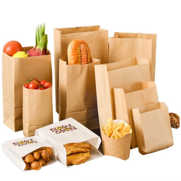 Kraft Brown Paper Takeaway Bags Waterproof Flat Bottom Grease Proof