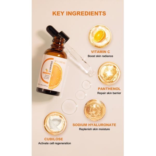 Serum de soins du visage beauté vente à chaud Vitamine C pour le visage Serum d'éclaircissement avec vitamine E Serum d'acide hyaluronique pour le visage