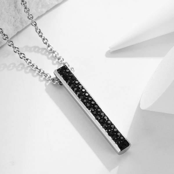 Black Stainless Steel and Carbon Fiber Bar Necklace Diamond Christian Religious Pendant