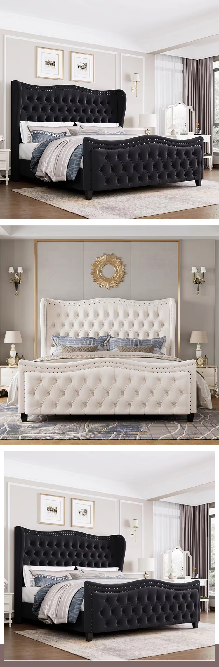 Kainice Luxury White Velvet Upholstery Deep Button Headboard for Queen Beds Shelter Side Wavy Tufted Design Bed Frame