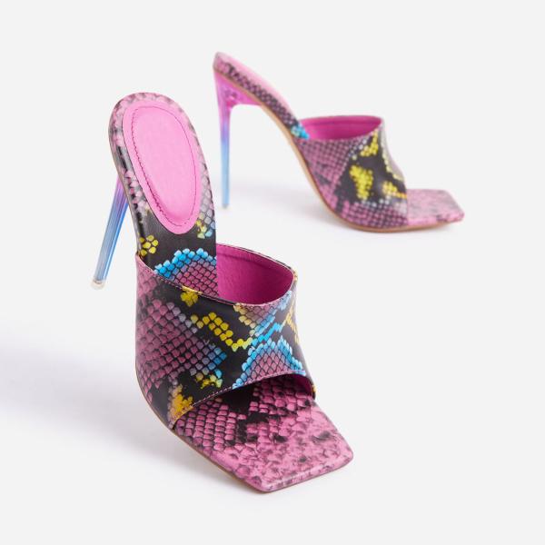 Faux Snakelike Print Platform Stiletto Sandals Open Square Toe Mules