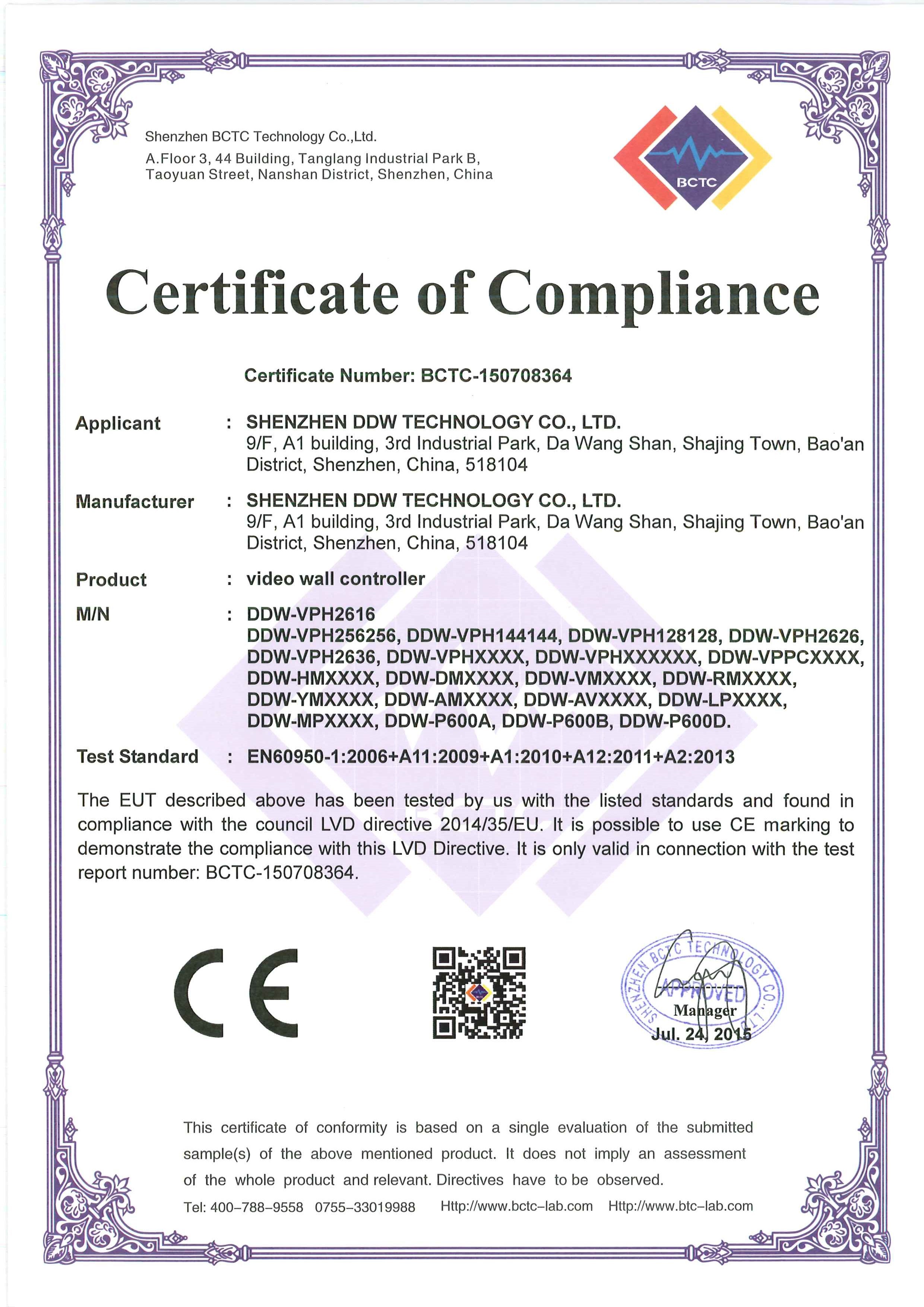 SHENZHEN DDW TECHNOLOGY CO.,LTD Сертификации