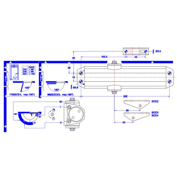 Overhead Hydraulic Door Closer Eurospec Adjustable Size 2 - 4 for 25 - 85kg Door