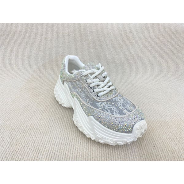 Women white leather sneakers with bling crystal and breathable lace mesh heightening