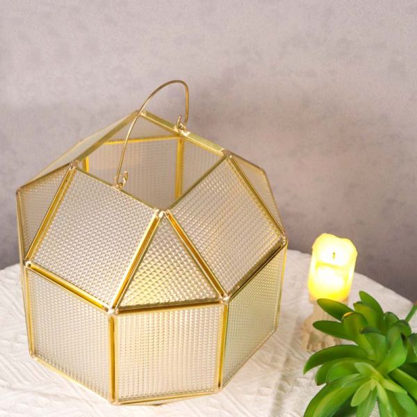 Glass greenhouse handle lamp copper golden color hanging landscape bottle flower glass box candle holder lampshade