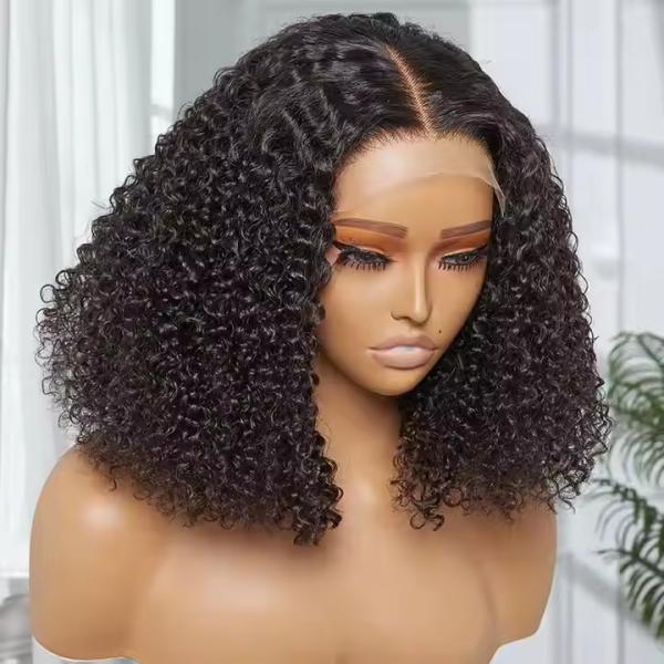 Natural Black Short Cut Bob Kinky Curly 13X4 Deep Lace Front Wig Preplucked Glueless