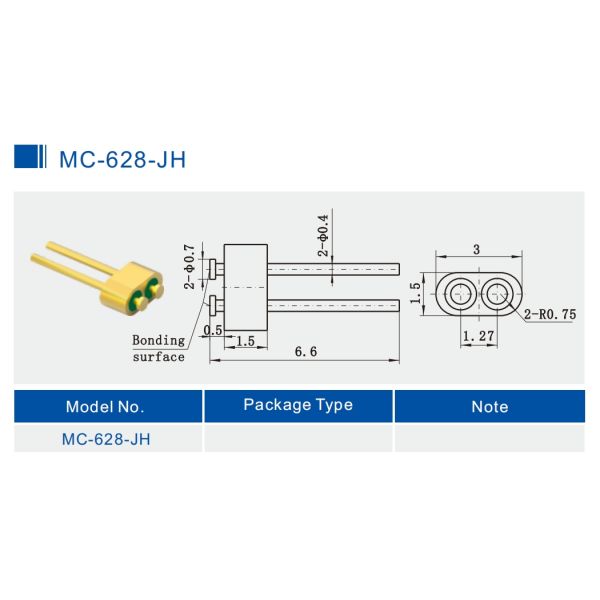 2-Pin Nail Head Glass To Metal Hermetic Seal Header With Gold Wire Bonding Surface MC-628-JH