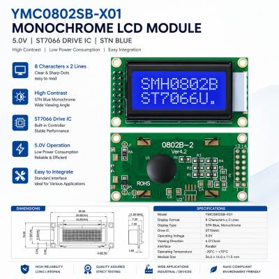 8x2 STN Blue Monochrome LCD Display 8x2 Character Display 5V ST7066 Module Replacement