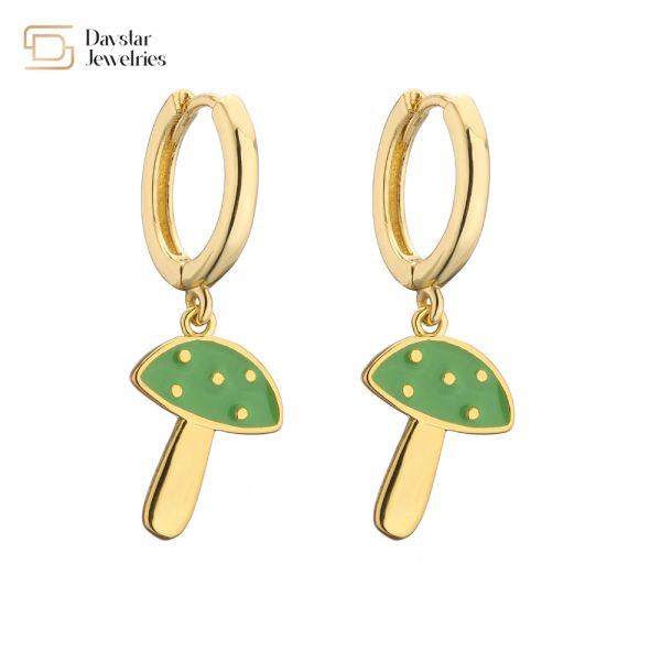 Cute Colorful Enamel Elephant Bear Mushroom Pendant Charm Hoop Earrings 18k