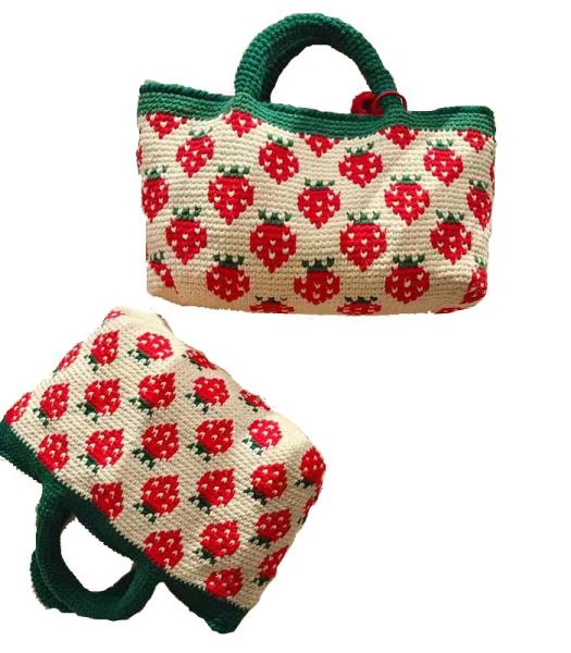 White Woven Cotton Bag , Strawberry Womens Crochet Handbags 32cm×25cm