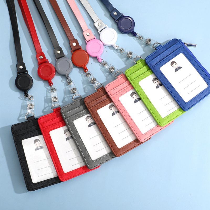 Zipper Faux Leather ID identity Card Badge Holder With Detachable Lanyard