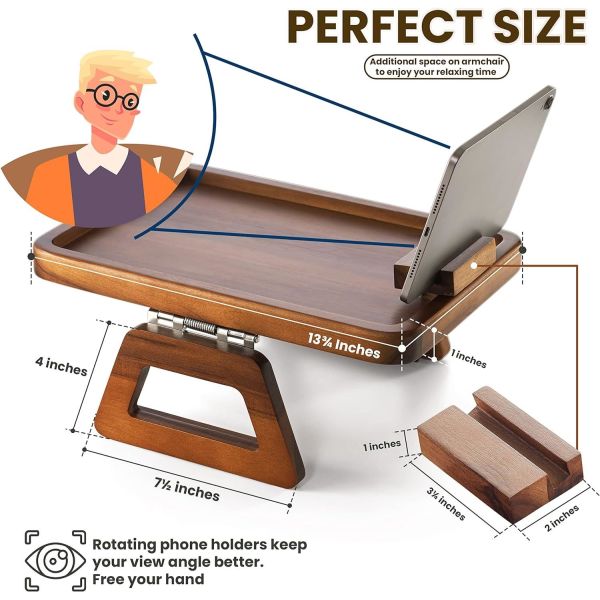 360 Rotating Arm Table for Acacia Wood Sofa Armrest Tray on Wooden Side Tables