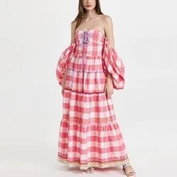                  Ladies Puff Sleeve Dress for Women Ruching Checks Clothing Manufacturers Elegant Cotton Custom Logo Maxi Dress             