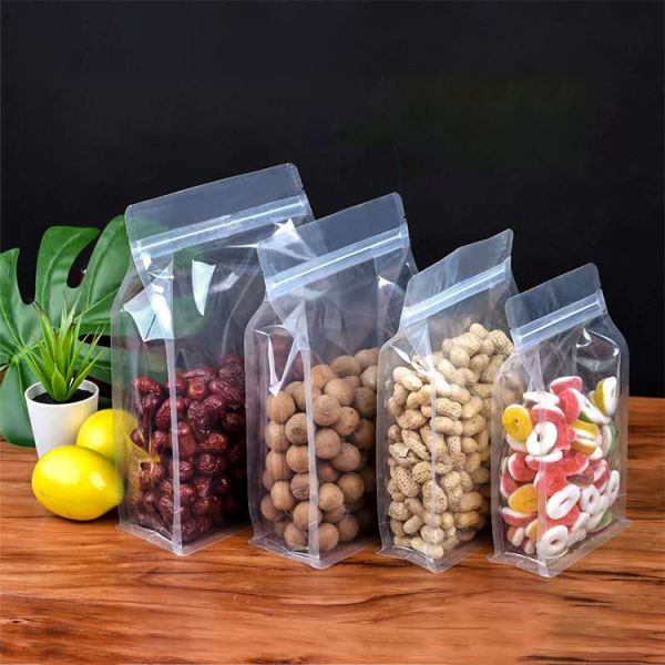 Custom Eight Side Seal Gusseted Flat Bottom Snack Food Packaging Bags with Zip Lock Zipper Plastic Custom
