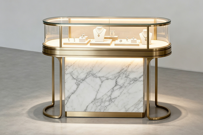 Oval Curved Glass Jewelry Showcase Table with Brushed Gold Frame and Lockable Storage