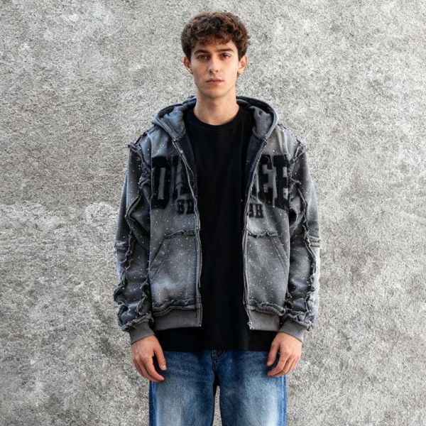 OEM&ODM Wholesale Custom High Quality Heavyweight Men's Hoodie Applique Embroidered Rhinestone Acid Wash Fashion Zip up Hoodie