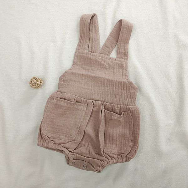 Summer Cotton Muslin Baby Clothes Sleeveless Romper Strap Pants With Pocket Solid Baby Bodysuit